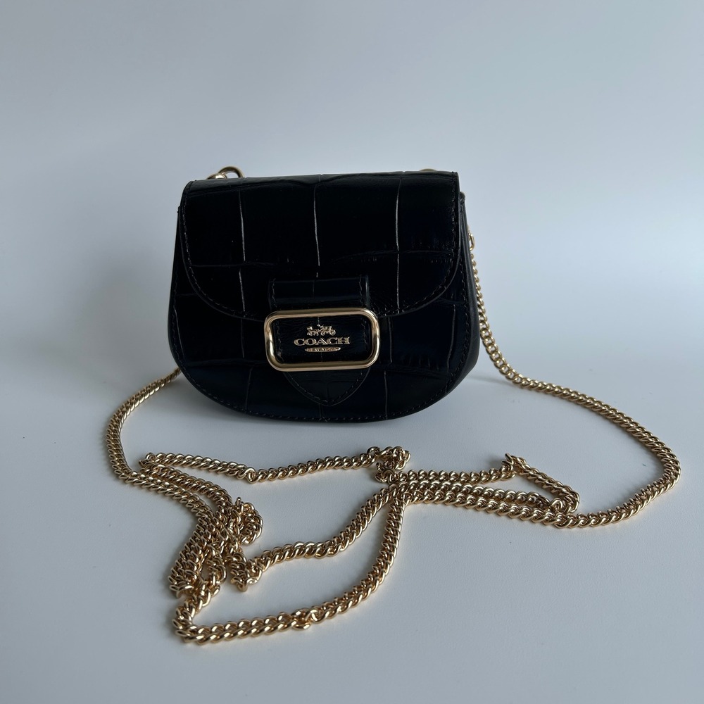 Coach Morgan Mini Wallet Card Case on a Chain Black Croc Embossed Leather CN379 - Picture 2 of 10